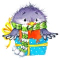 Funny Christmas bird. watercolor illustration