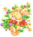 Funny Christmas bunnand Christmas tree. illustration for Christmas and New Year. watercolor illustra