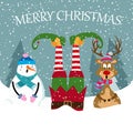 Funny Christmas card with elf, snowman and reindeer