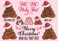 Funny Christmas cards with poop emoji and Santa hat, vector set