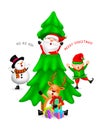 Funny Christmas cartoon characters with Christmas tree. Royalty Free Stock Photo