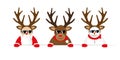 Funny christmas cartoon with cute reindeer santa claus and snowman with sunglasses and antler