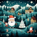 Funny cartoon wallpaper with three Santa Claus in a Christmas festive traditional landscape green and white Royalty Free Stock Photo