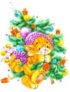 Funny Christmas cat and Christmas tree. illustration for Christmas and New Year. watercolor illustration