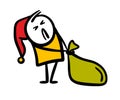 Funny Christmas elf with difficulty drags a bag of gifts and winces.