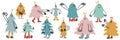 Funny Christmas Fir Tree Characters Set. Funky New Year Concept. Pine Tree with Smiley Face, Boots, Hands. Happy Xmas