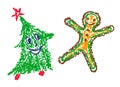 Funny Christmas fir tree and gingerbread. Hand drawing cute cartoon smiling characters.