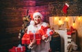 Funny christmas girl. Positive human emotions facial expressions. Christmas interior. Merry Christmas and Happy New Year Royalty Free Stock Photo