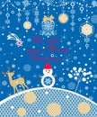 Funny Christmas greeting card with craft white paper cutting hanging lacy decoration, jingle bell, snowflakes, snowman and golden