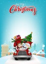 Funny Christmas Greeting Card, With Santa Claus, Deer, Snowman and penguin in car.