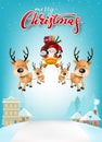 Funny Christmas Greeting Card, With Santa Claus, Deer, Snowman and penguin.