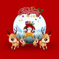 Funny Christmas Greeting Card, With Santa Claus, Deer, Snowman and penguin, vector illustration