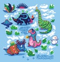 Funny Christmas and New Year characters of dinosaurs