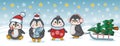 Funny christmas penguins cartoon characters set. Group baby animals in New Year clothes with christmas tree. Hand drawn vector Royalty Free Stock Photo