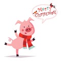 Funny Christmas pig. Greeting card. Merry christmas and a happy new year. Pig in a scarf. Vector illustration Royalty Free Stock Photo