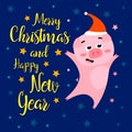 Funny Christmas pig on night background, Merry Christmas and Happy New Year 2019. Greeting card Royalty Free Stock Photo