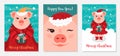 Funny Christmas pigs, Greeting cards Merry Christmas and New Year 2019. Pig Santa Claus, Collection of Christmas cards