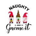 Funny Christmas quote. Naughty and I gnome it. Cute holidays gnomes. Vector template for typography poster, t-shirt