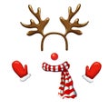 Funny christmas reindeer mask with antlers headband, red nose,striped scarf and mittens isolated on white background Royalty Free Stock Photo