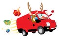 Funny Christmas Reindeer and Santa Claus driving a red van and delivering presents