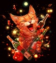 Funny christmas singing Cat, new year's drink, comic character, christmas card design, t-shirt design