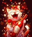Funny christmas singing Cat, pussy cat, new year's drink, comic character, christmas card design, t-shirt design