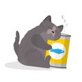 Funny chubby cat hugs a jar of food. Satisfied cat sticker. Good for postcards, t-shirts, positive themes