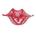 Funny, chubby lips shape emotional cheerful, playful, preparing to kiss, woodcut style design, hand drawn doodle, sketch