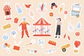 Funny circus and carnaval party stickers set, carousel, clown mime in costumes, balloon