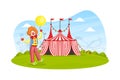Funny Circus Clown with Balloon, Circus Marquee at Carnival Funfair, Amusement Park Vector Illustration Royalty Free Stock Photo