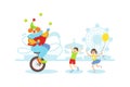 Funny Circus Clown Juggling Balls on Unicycle, Happy Kids Having Fun at Holiday Party Vector Illustration Royalty Free Stock Photo