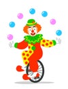 Funny circus clown juggling balls on unicycle