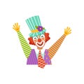 Funny circus clown raising his hands, avatar of cartoon friendly clown in classic colorful outfit vector Illustration Royalty Free Stock Photo