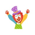 Funny circus clown raising his hands, avatar of cartoon friendly clown in classic outfit vector Illustration Royalty Free Stock Photo