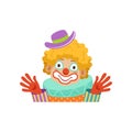 Funny circus clown showing his hands, avatar of cartoon friendly clown in classic outfit vector Illustration Royalty Free Stock Photo