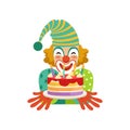 Funny circus clown in traditional makeup with birthday cake, cartoon friendly clown in classic outfit vector Royalty Free Stock Photo