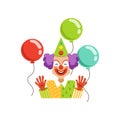 Funny circus clown in traditional makeup with colorful balloons, cartoon friendly clown in classic outfit vector Royalty Free Stock Photo