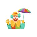 Funny circus clown in traditional makeup holding colorful umbrella, a cartoon friendly clown in classic outfit vector Royalty Free Stock Photo