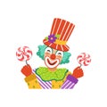 Funny circus clown in traditional makeup holding lollipops, cartoon friendly clown in classic outfit vector Illustration Royalty Free Stock Photo