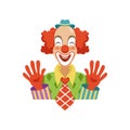 Funny circus clown in traditional makeup showing his hands, cartoon friendly clown in classic outfit vector Illustration Royalty Free Stock Photo