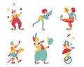 Funny circus clowns in different poses and costumes, flat vector illustration isolated on white background. Royalty Free Stock Photo