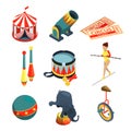 Funny circus illustrations in cartoon style. Lion trainer, clowns juggling balls. Vector pictures set Royalty Free Stock Photo