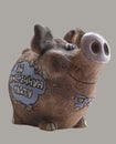 Funny clay piggy bank.Side view