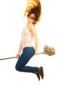 Funny cleaning woman with mop flying Royalty Free Stock Photo