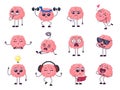 Funny clever brain. Concentration focus and intellectual health. Cartoon brains over-thinking and do exercise, surprised
