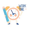 Funny Clock Character with Pencil Pointing at Work Time Vector Illustration