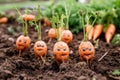 Funny close up of carrot heads in a garden Generative AI
