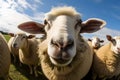 Funny close up fisheye perspective of sheep face