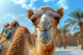 Funny close-up portrait of a camel looking at the camera against the backdrop of an African oasis landscape with palm trees