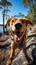 Funny close up portrait of energized dog in nature